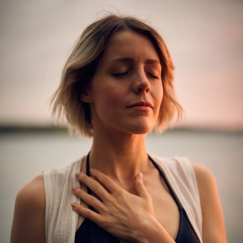 woman in white vest and black bikini with hand on chest